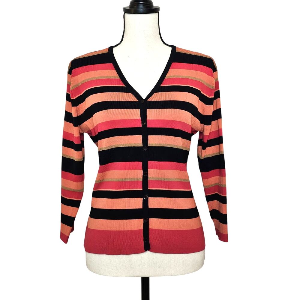 FINITY Women's M Button Up Sweater Cardigan Tops Stripped Black/Red/Orange
